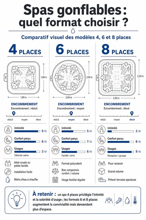 Comparatif spa gonflable 4 places avec formats 4, 6 et 8 places