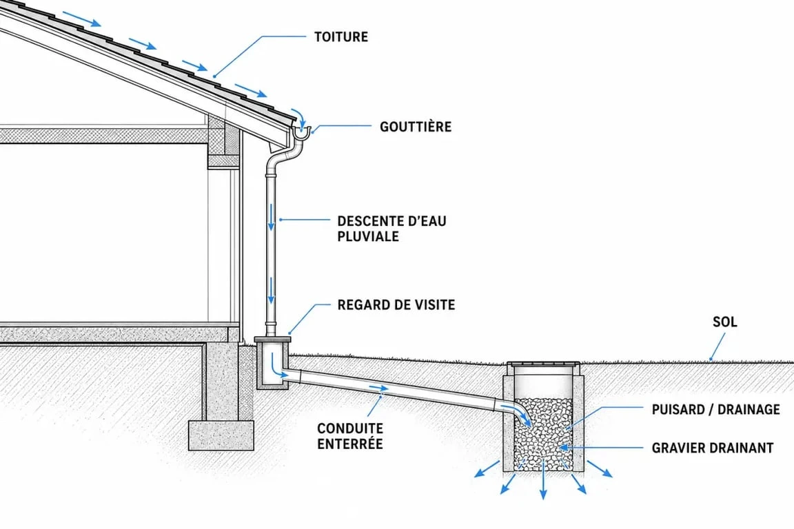 Schéma du système de drainage des eaux de pluie par gouttière