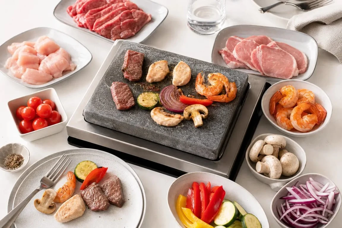 Recette pour pierrade mixte servie à table avec viandes, crevettes et légumes