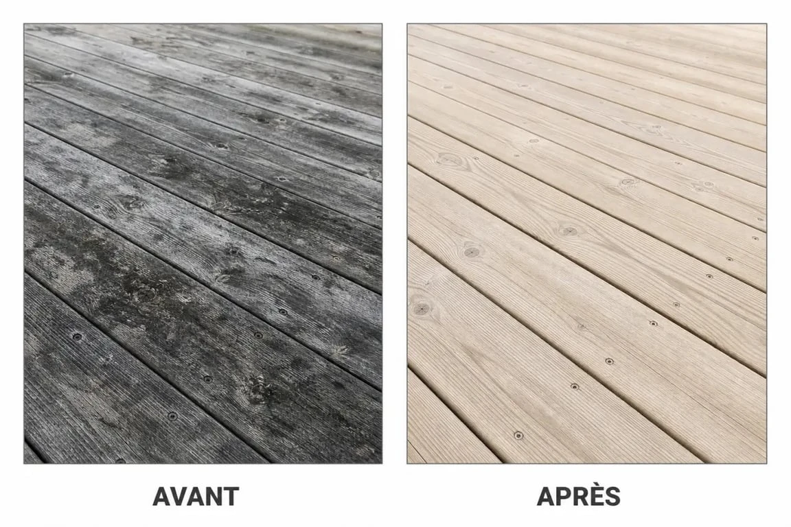 Acide oxalique bois avant après : terrasse en bois grisée à gauche et bois éclairci à droite après traitement