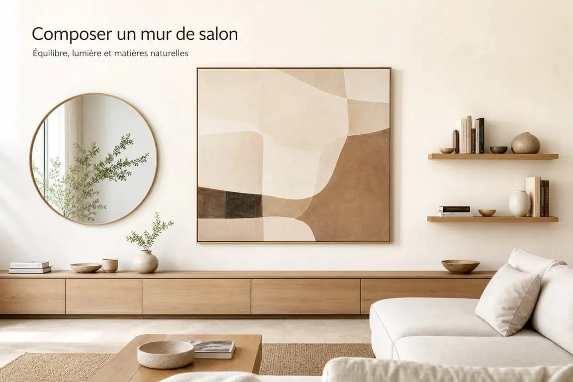 Idées pour decorer un grand mur salon avec un tableau XXL, un miroir et des étagères murales