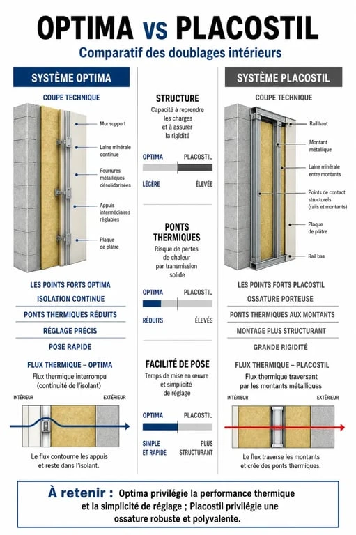 Comparatif technique des systèmes d'isolation Optima et Placostil pour murs intérieurs