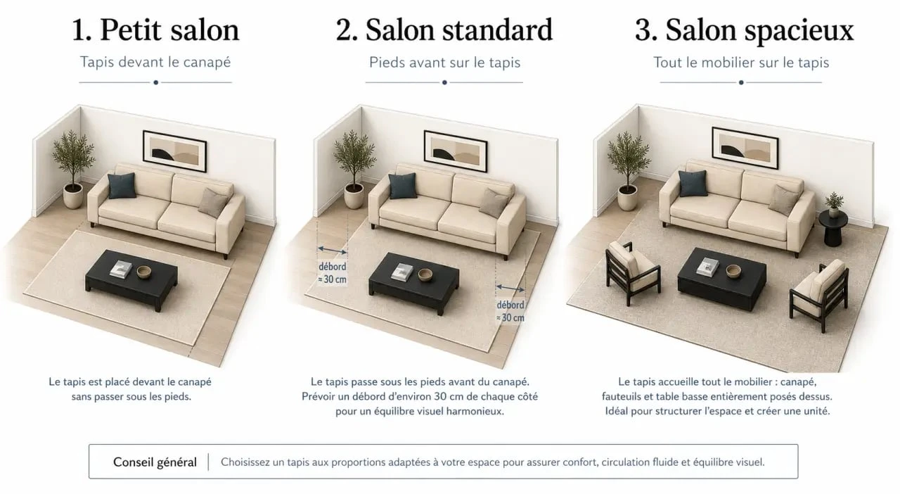 Tapis dans salon : trois placements possibles par rapport au canapé et à la table basse