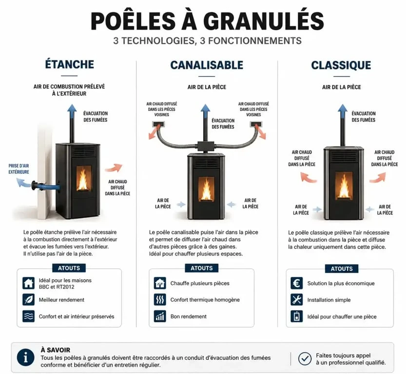 Comparatif des technologies de poêles à granulés : étanche, canalisable et classique pour choisir le meilleur poêle à granulés