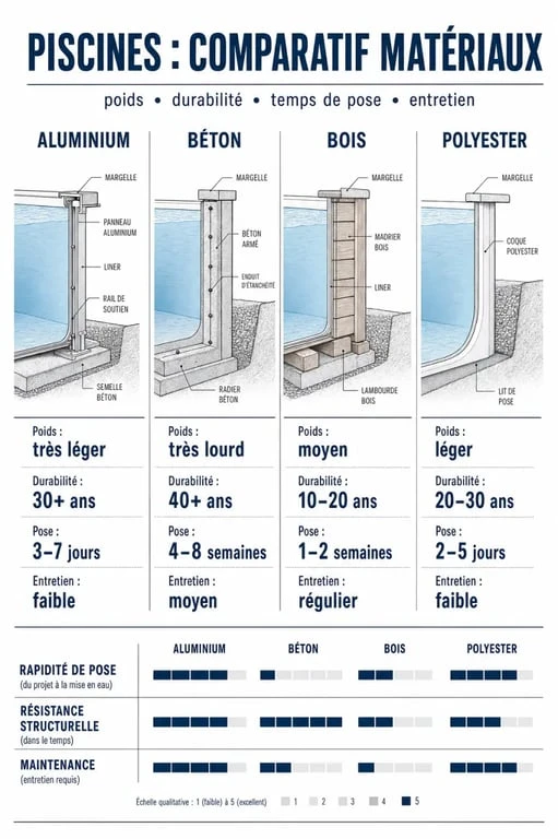 Comparatif piscine en aluminium, béton, bois et polyester