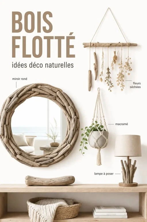 Idées déco bois flotté ambiance nature dans un intérieur bohème avec miroir, suspension murale et plante suspendue
