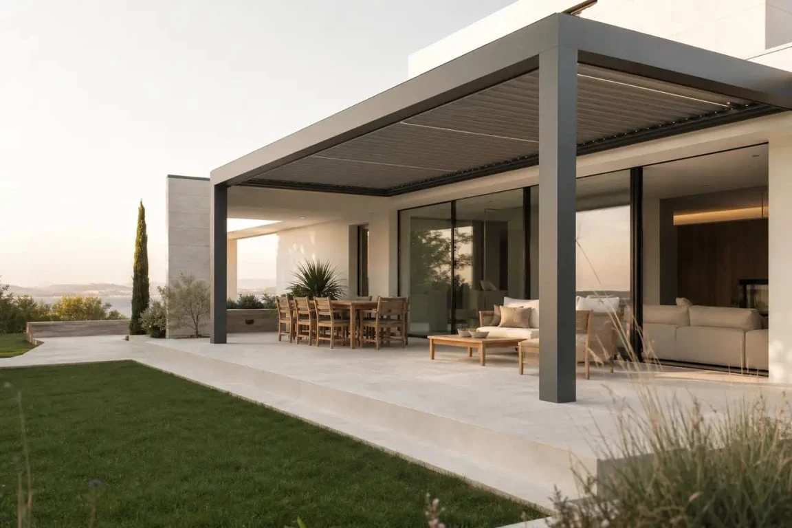 Terrasse couverte maison moderne avec pergola attenante et mobilier extérieur