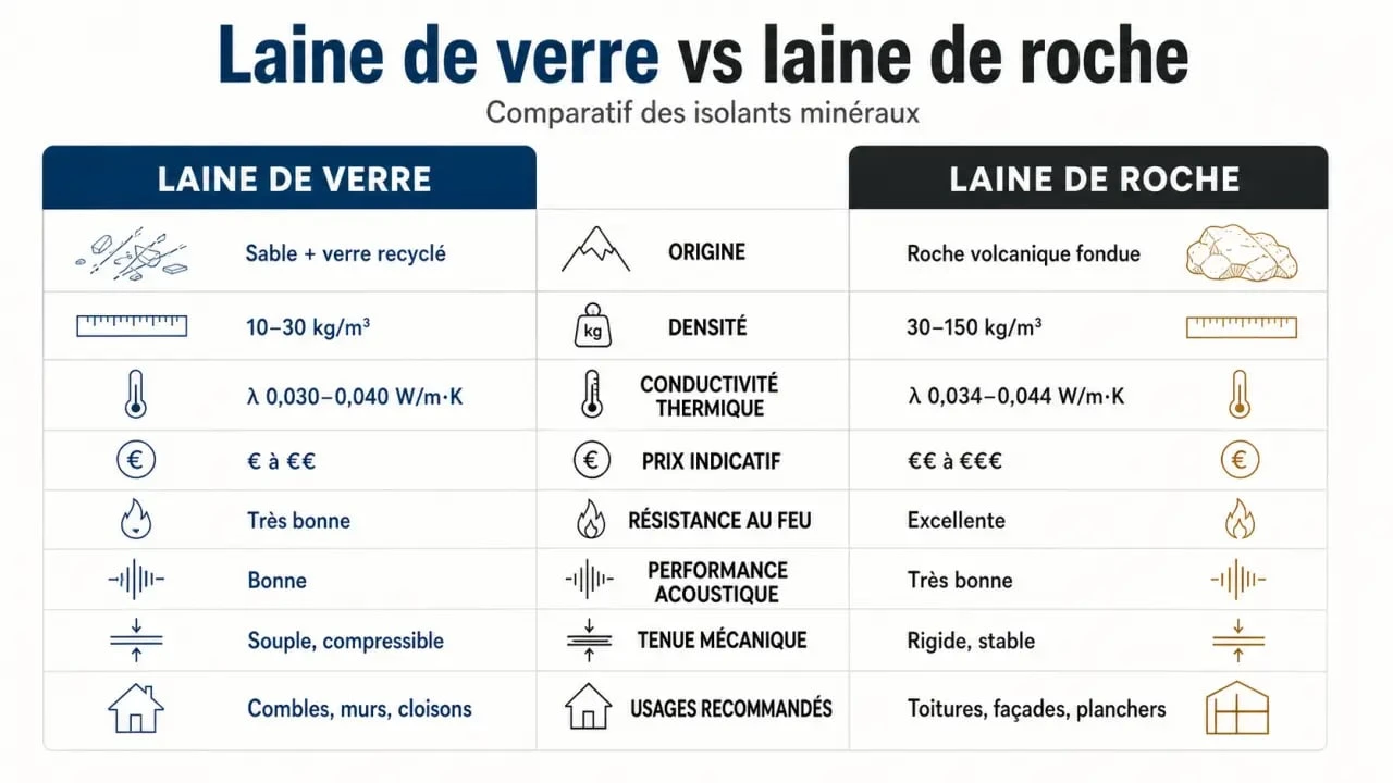 Différence entre laine de verre et laine de roche : infographie comparative des performances, prix et usages