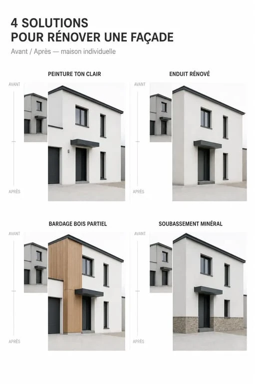 Solutions rénover ou embellir façade : montage avant/après avec peinture, enduit, bardage bois et parement minéral