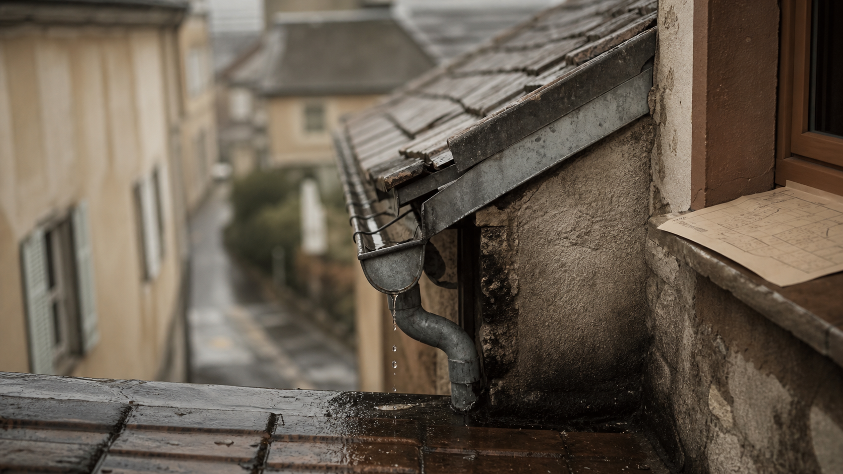 Gouttiere sur mur en limite de propriété : rejet au sol, traces de pluie