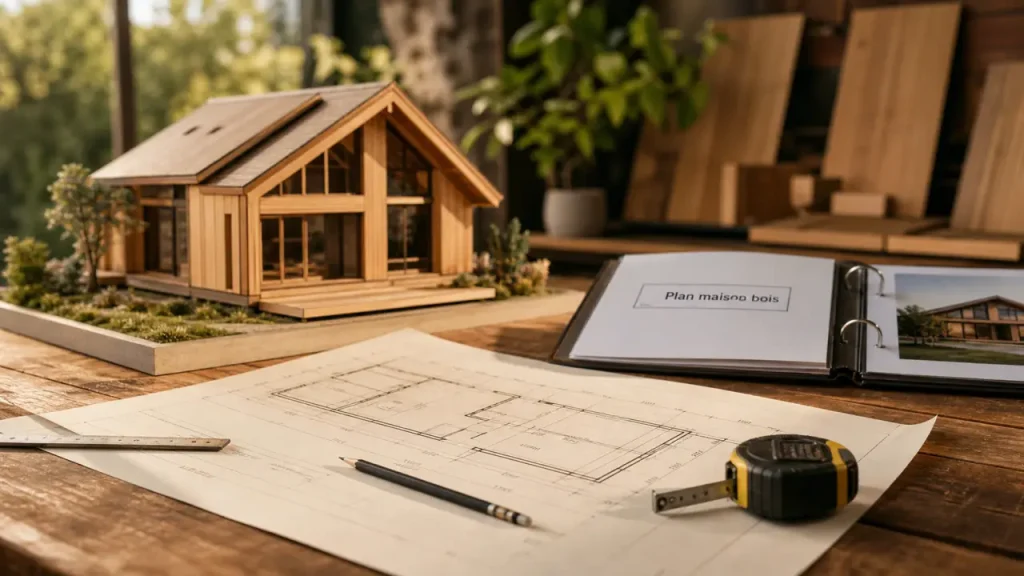 Maison en bois plan : table d’étude de projet pour plain-pied, étage ou sous-sol
