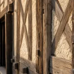 Maison en colombages : poteaux et hourdage en torchis, motifs en croix de Saint-André