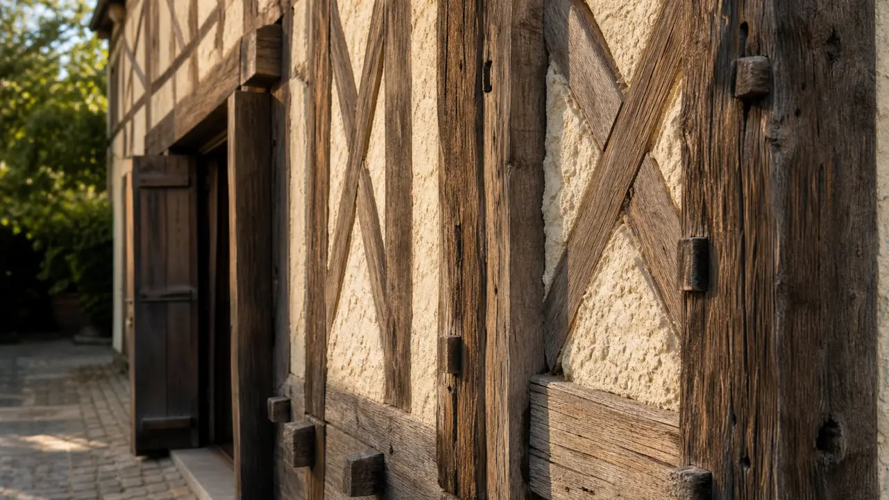 Maison en colombages : poteaux et hourdage en torchis, motifs en croix de Saint-André