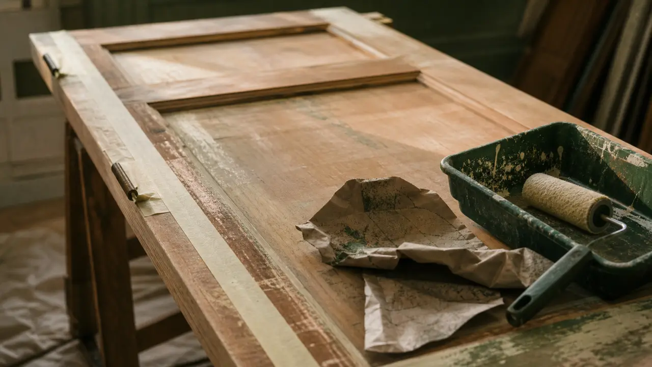 Peindre porte en bois sans traces : porte en bois, ruban de masquage et rouleau
