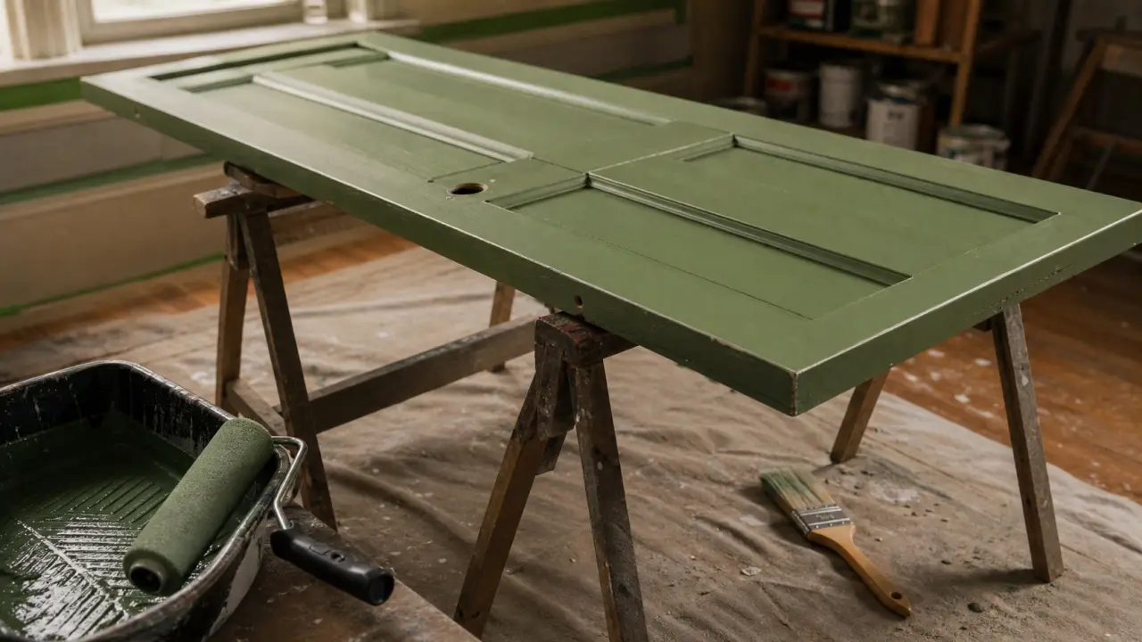 Peindre porte en bois sans traces : rouleau mousse et bac à peinture sur porte en bois