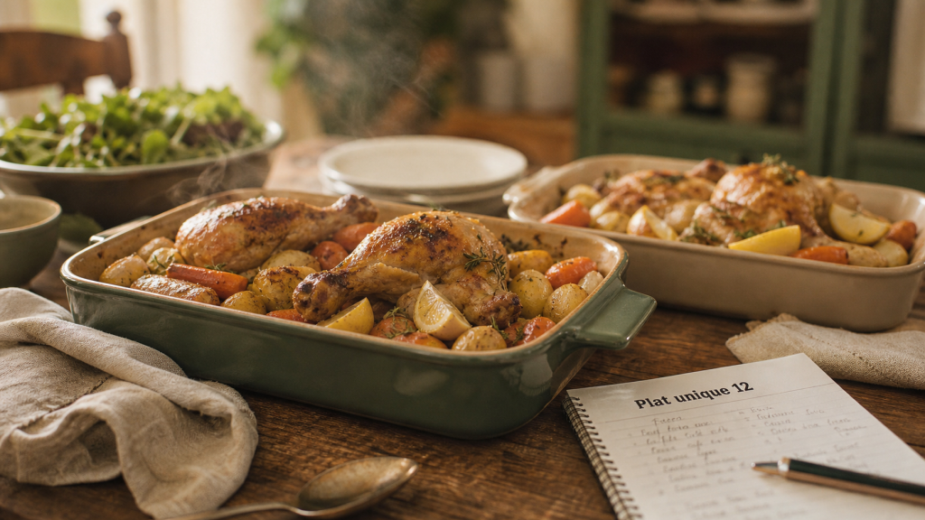 Plat unique pour 12 personnes : poulet rôti au four, pommes de terre et carottes