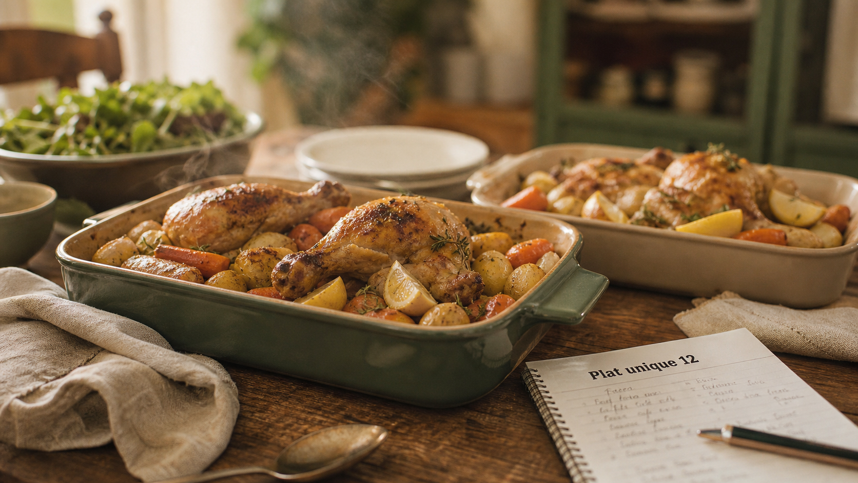 Plat unique pour 12 personnes : poulet rôti au four, pommes de terre et carottes