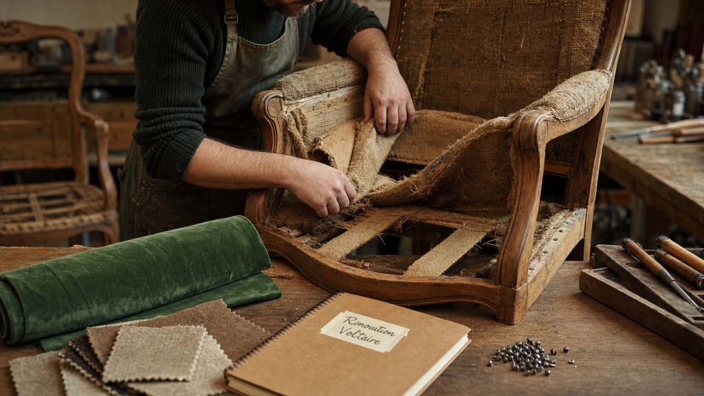 Rénovation fauteuil Voltaire en atelier : retrait garniture et choix tissus