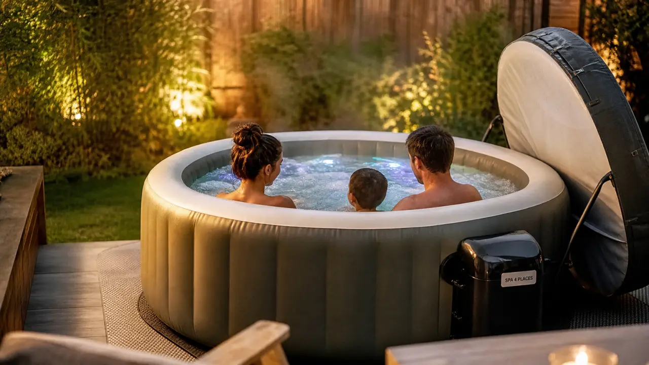 Spas gonflable 4 places avec bulles et jets, eau chaude 38°C