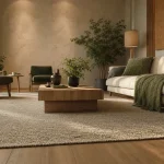 Tapis dans salon sous le canapé, angle au sol, salon moderne