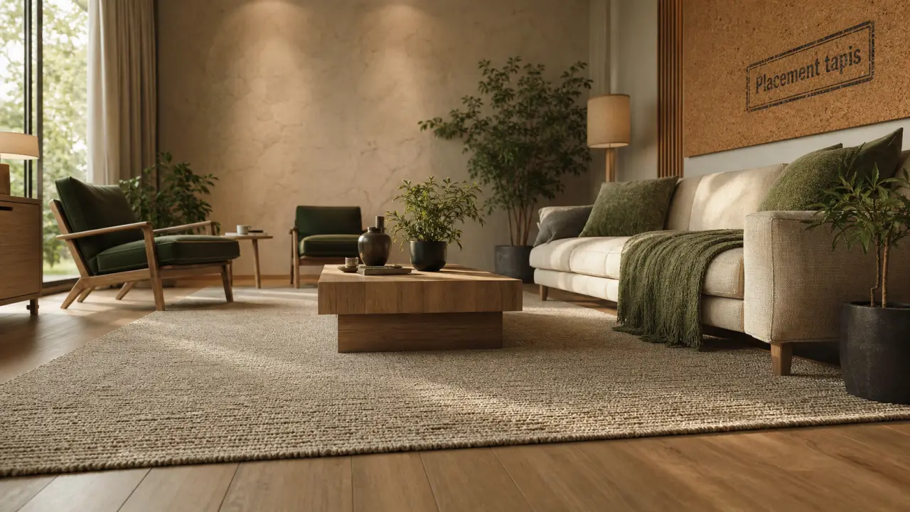 Tapis dans salon sous le canapé, angle au sol, salon moderne