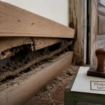 Termite dans une maison : galeries visibles sous une plinthe en bois