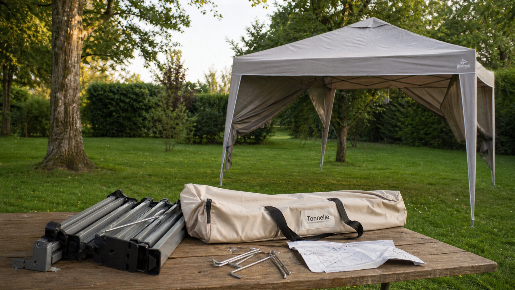 Tonnelle lidl pliante au jardin, sac et notice