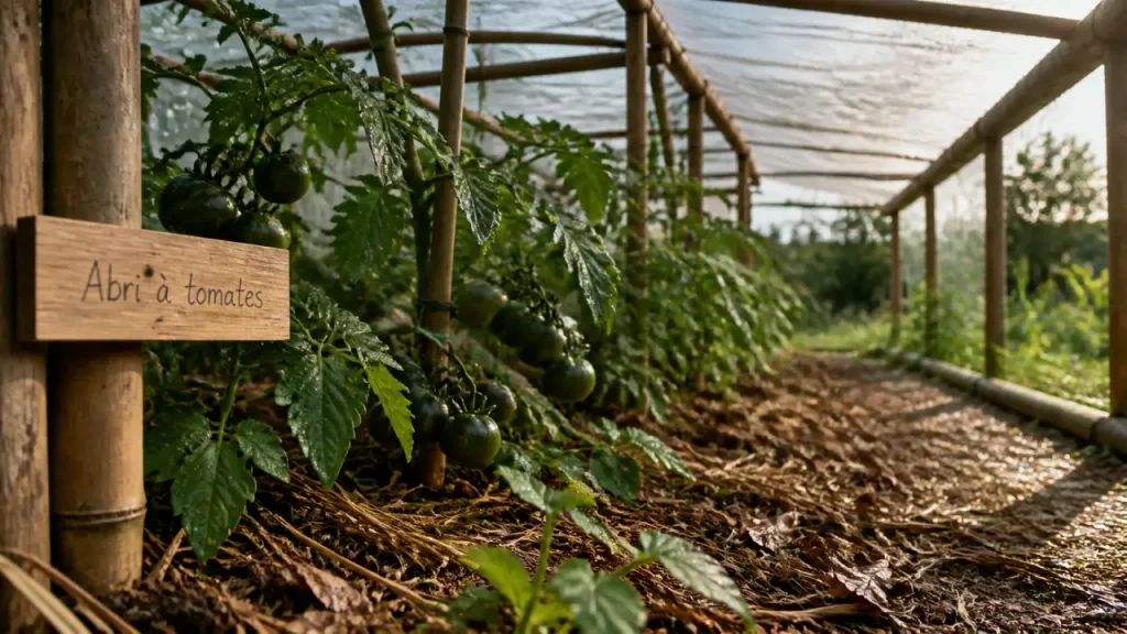 Abri à tomates fait maison : toit incliné, structure ouverte et feuillage au sec