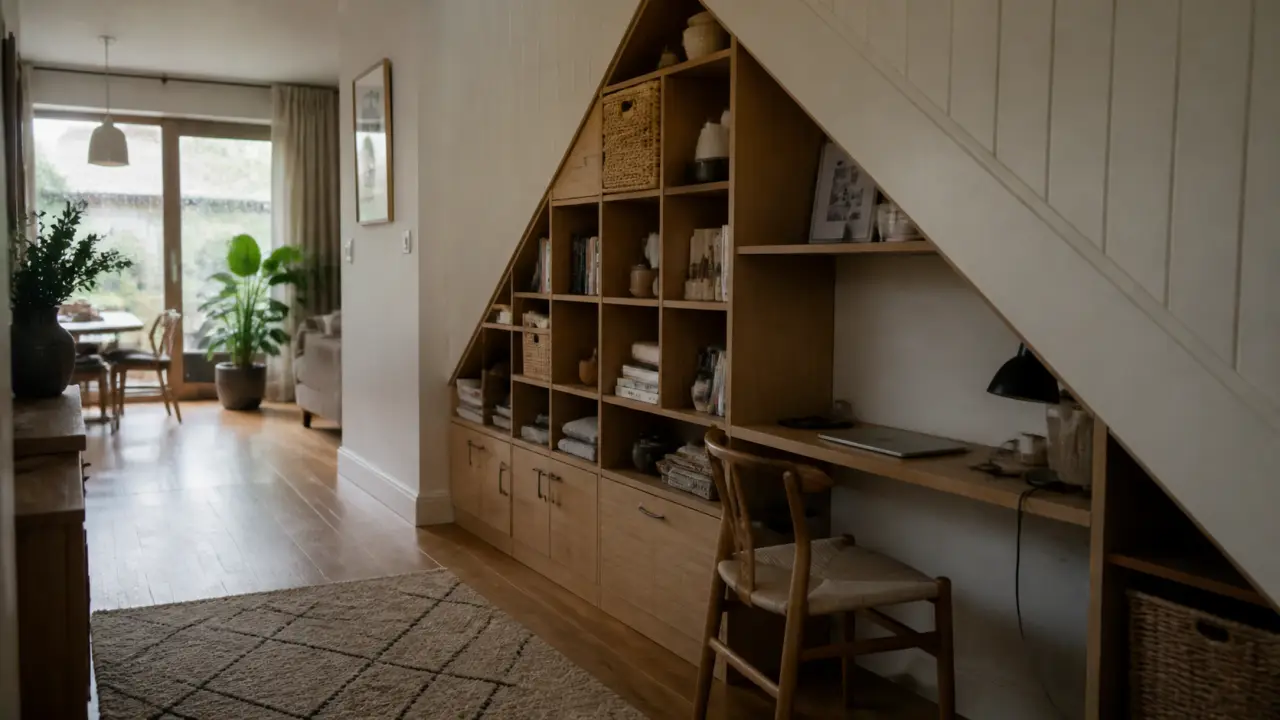 Aménagement sous escalier ouvert : rangement et bureau pour gagner de la place