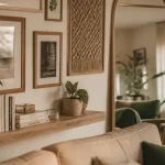 Décorer un mur blanc : cadres, miroir laiton et cannage macramé