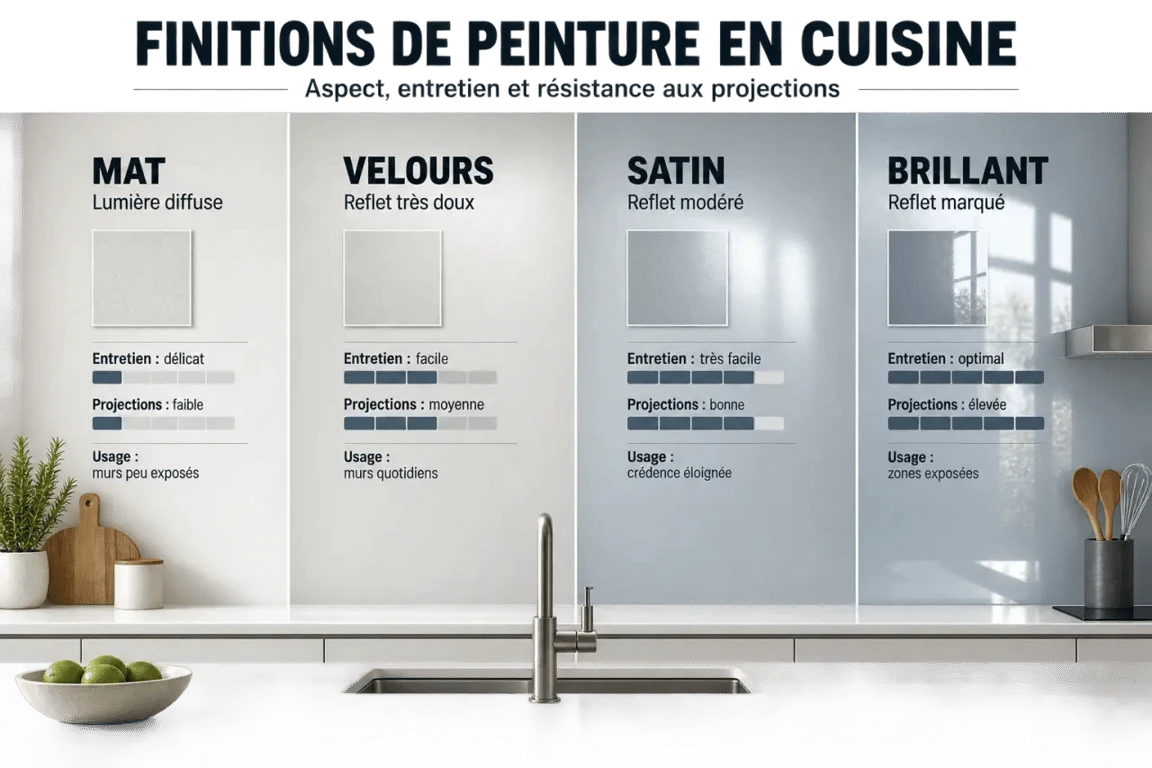 Comparatif peinture mur cuisine entre finitions mat, velours, satin et brillant