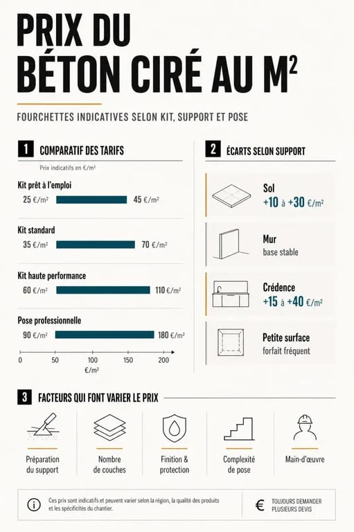 Prix du béton ciré au m2 : infographie comparative des tarifs selon kit, pose professionnelle, support et finition
