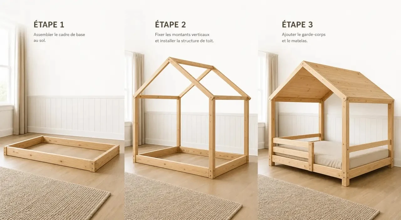 Plan pour lit cabane illustré en situation dans une chambre d’enfant