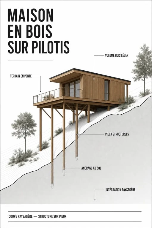 Maison en bois moderne sur pilotis sur un terrain en pente