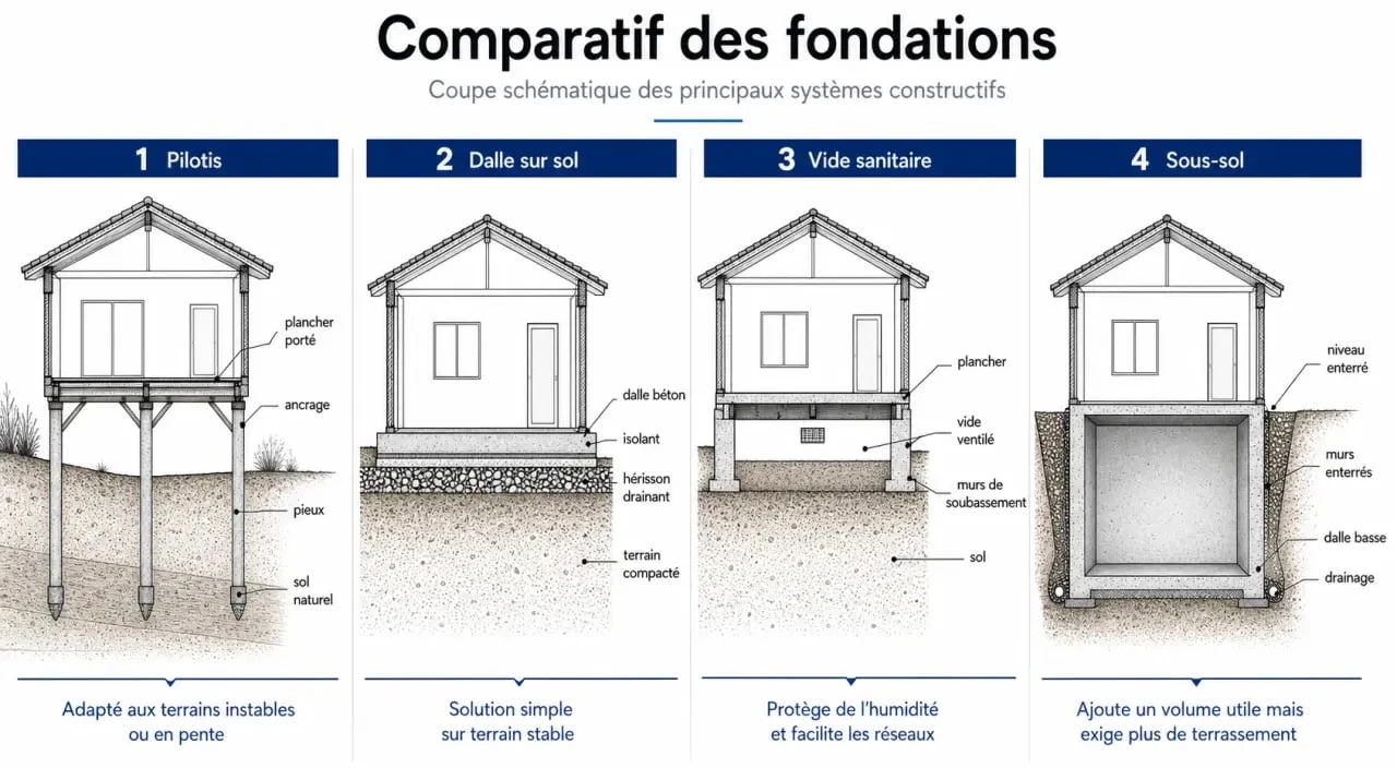 Comparatif des types de fondations pour la construction sur pilotis