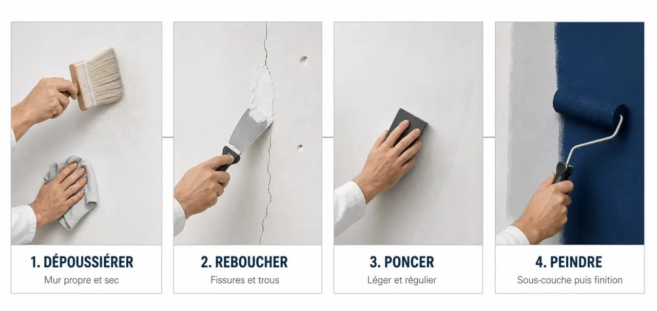 Peindre du platre : préparation d’un mur en plâtre avec dépoussiérage, rebouchage, ponçage et sous-couche