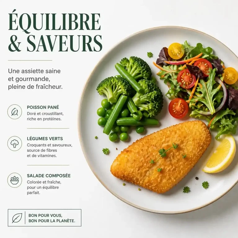 Assiette équilibrée avec poisson pané et légumes pour un accompagnement sain