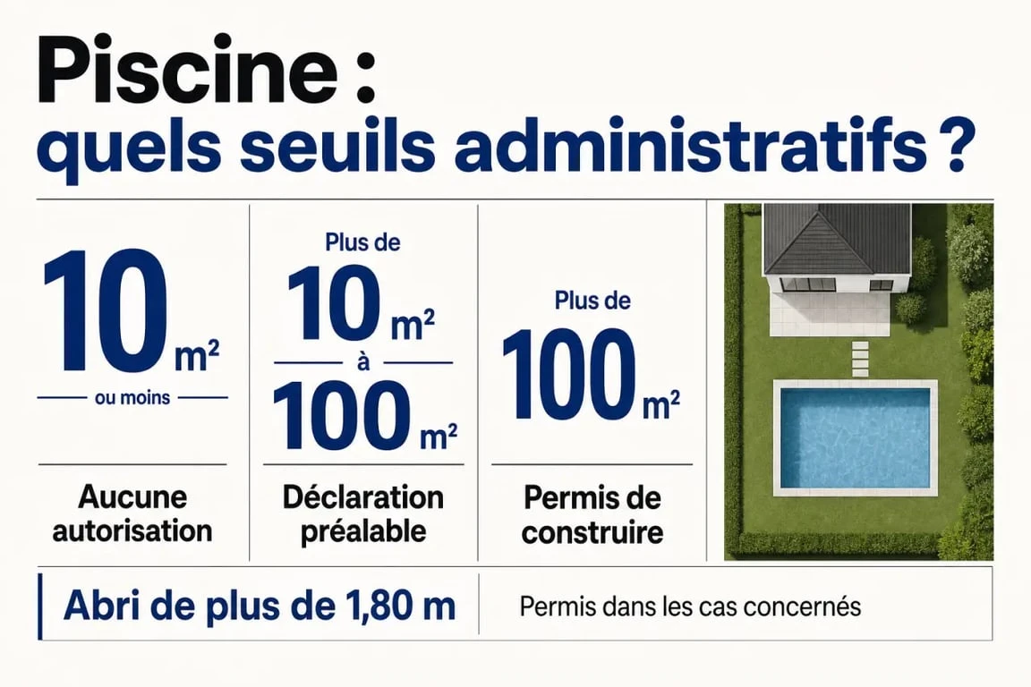 Piscine sans permis de construire : infographie des seuils 10 m², 100 m² et 1,80 m