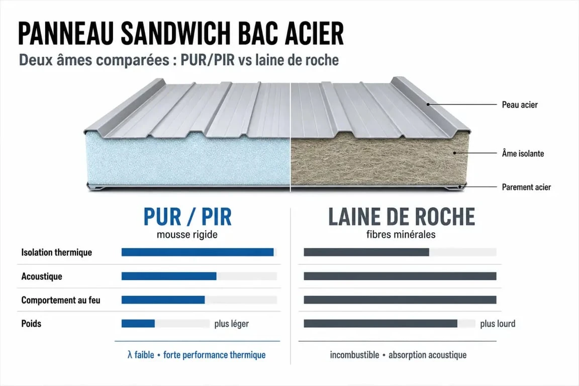 Comparatif panneau sandwich bac acier PUR/PIR et laine de roche