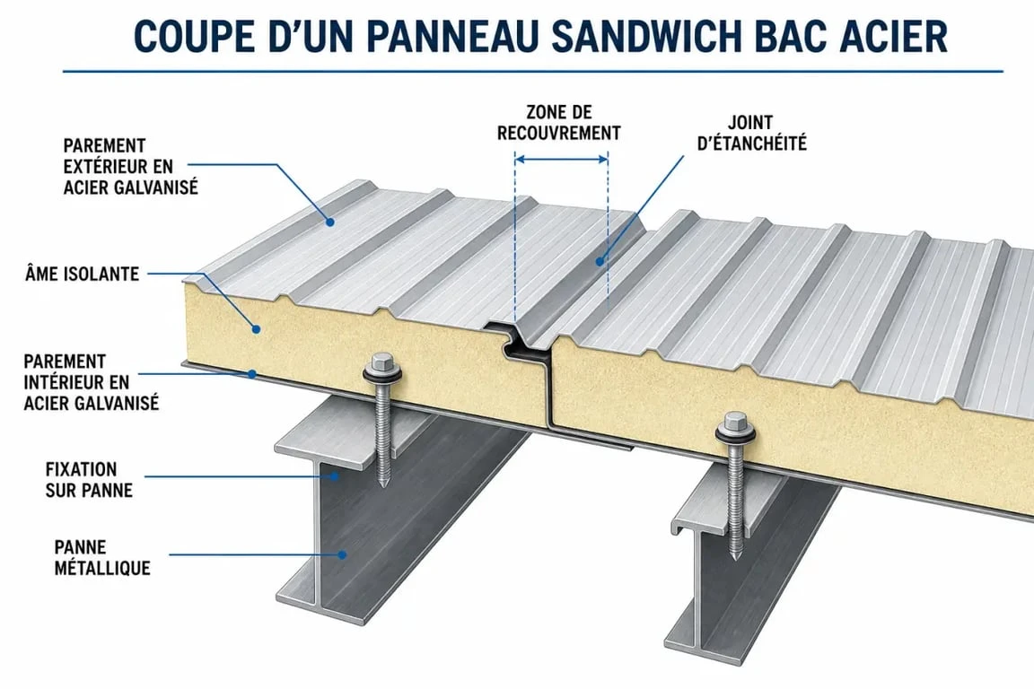 Schéma du panneau sandwich bac acier en coupe avec ses couches et fixations
