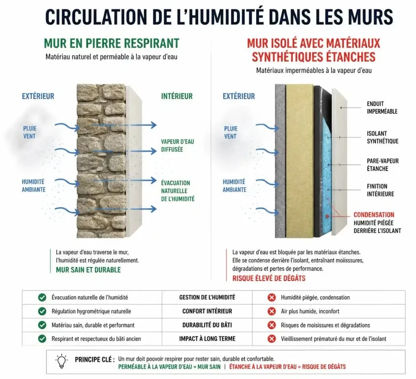 Gestion de l'humidité et respiration des murs en pierre ancienne