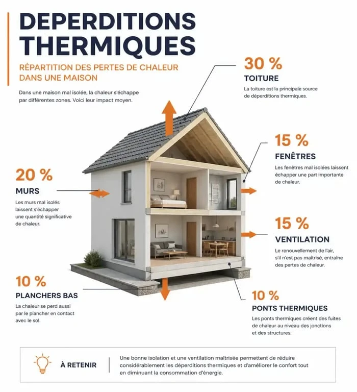 Répartition des déperditions thermiques dans une maison ancienne en pierre