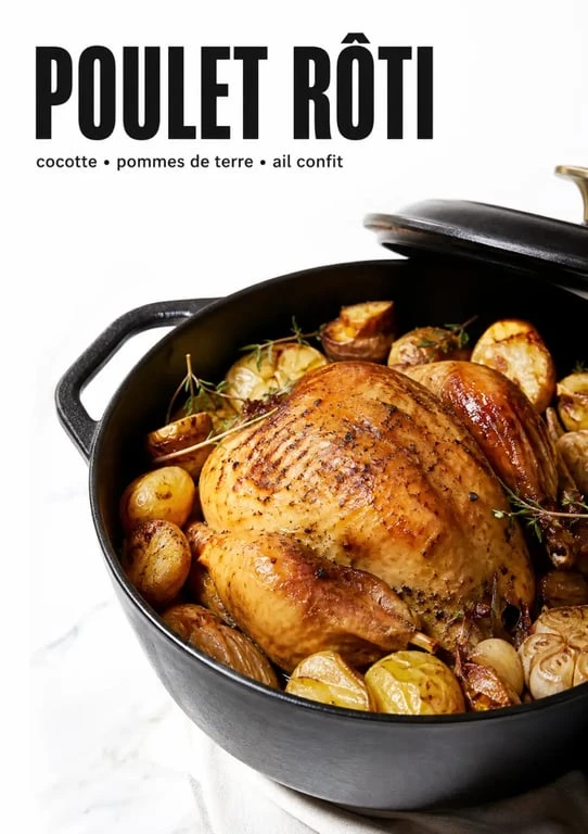 Poulet au four cocotte fermée servi avec pommes de terre et jus parfumé