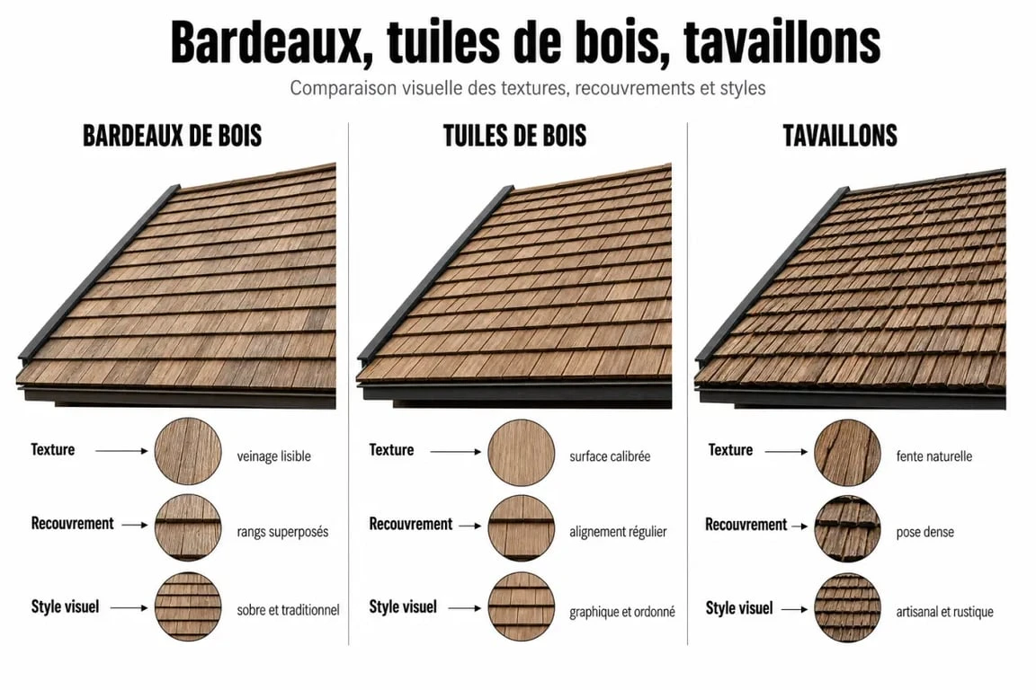 Toiture en bois : comparaison visuelle entre bardeaux, tuiles de bois et tavaillons