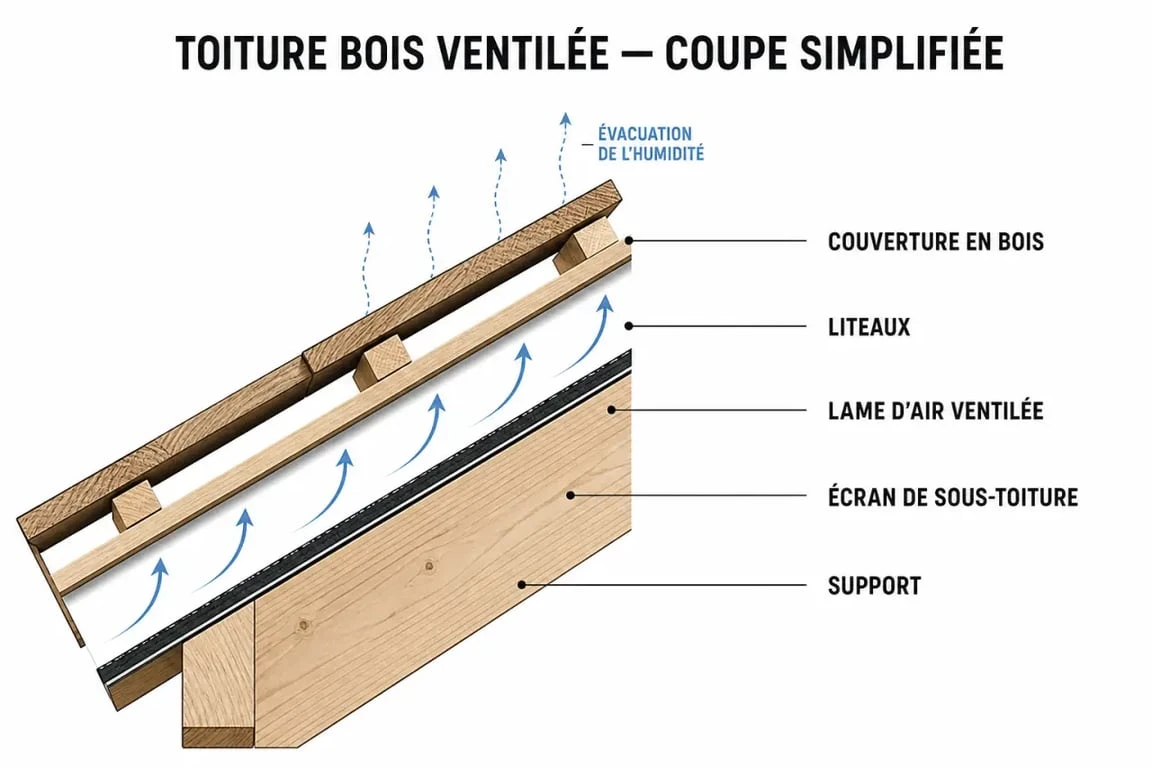 Toiture en bois : schéma des couches de pose et de ventilation