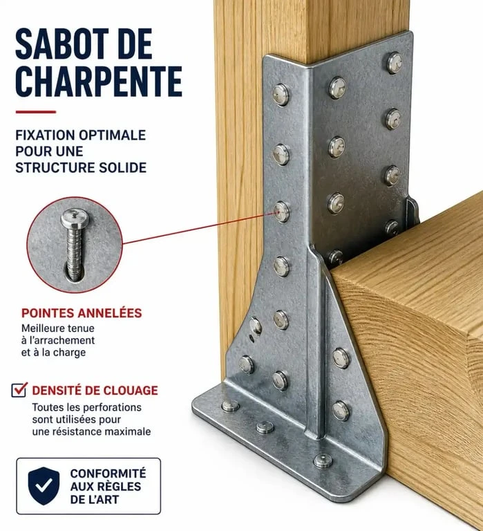 Détail technique d'un sabot de charpente avec clouage total et pointes annelées pour une résistance optimale