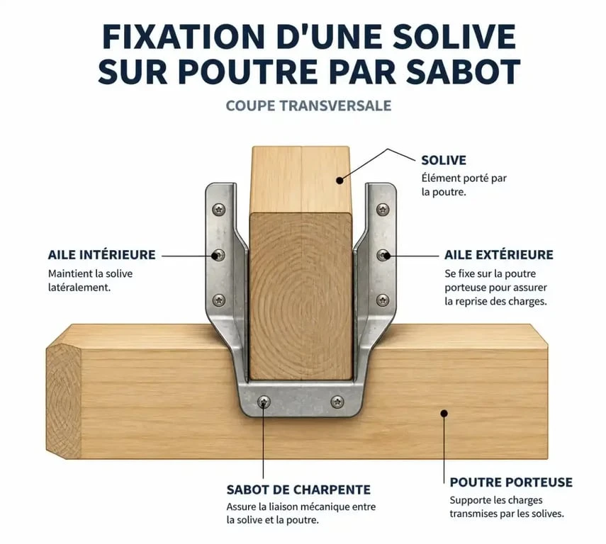 Schéma comparatif des sabots de charpente à ailes intérieures et extérieures pour la fixation de solives