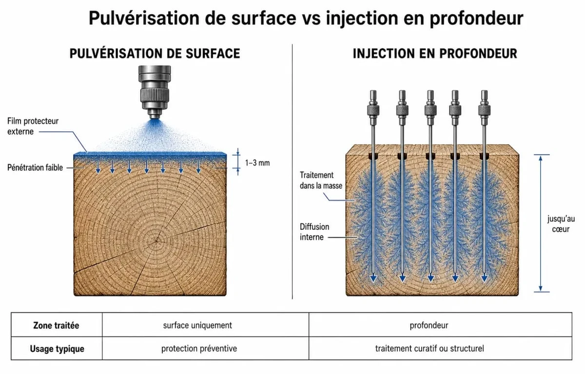 Comparaison traitement charpente bois : pulvérisation vs injection