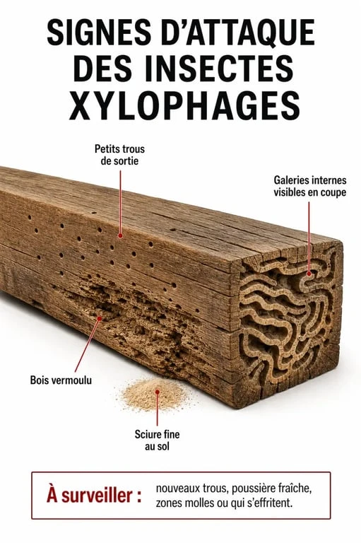 Signes d'attaque d'insectes xylophages sur charpente bois