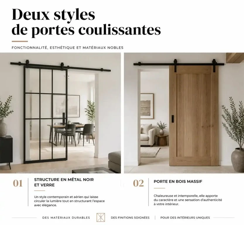 Différents matériaux pour porte coulissante séparation de pièce : métal noir et bois massif